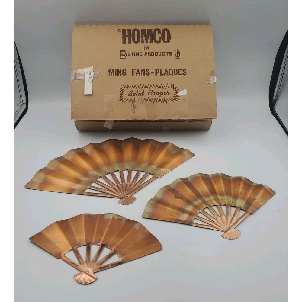 Vintage Solid Copper Ming Fans Plaques Set Of 3 By Homco Original Box